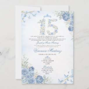 Spanish Dusty Blue Floral Crown Butterfly 15 Años Invitation
