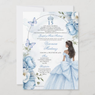 Spanish Dusty Blue Floral Princess Silver 15 Años  Invitation