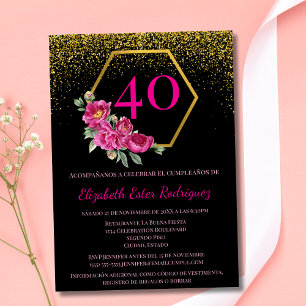 Spanish Elegant Black & Gold Pink 40th Birthday Invitation