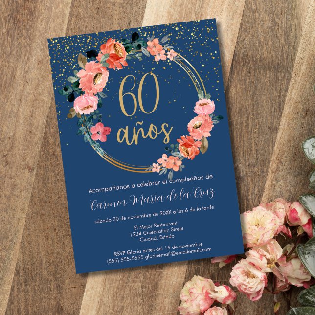 Spanish Elegant Blue Floral 60th Birthday Party Invitation (Creator Uploaded)