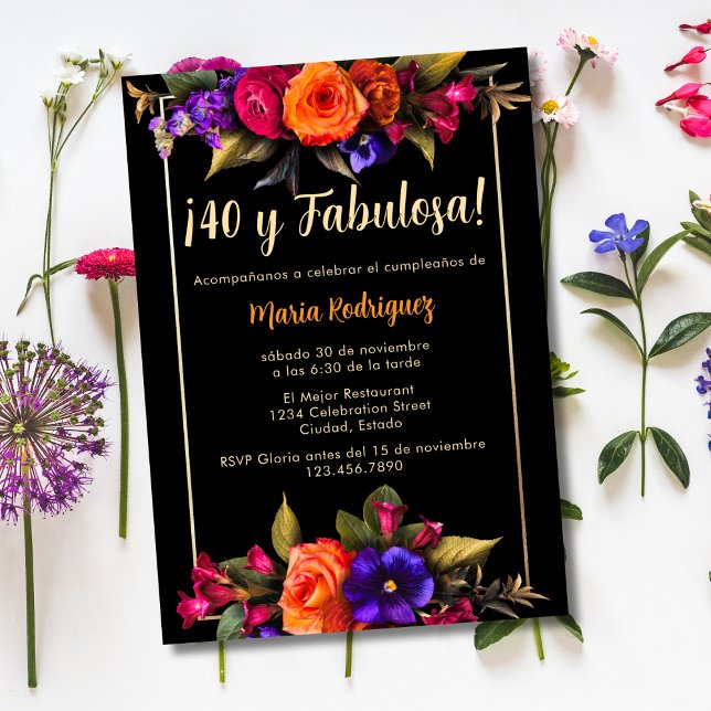 Spanish Elegant Bright Florals Black 40th Birthday Invitation (Creator Uploaded)