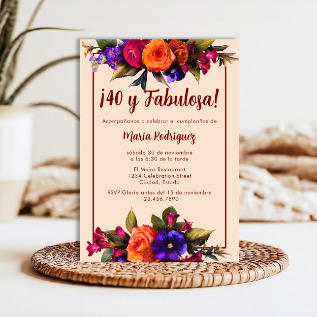 Spanish Elegant Bright Florals Cream 40th Birthday Invitation (Creator Uploaded)