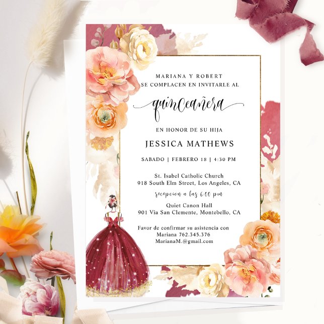 Spanish, Elegant Burgundy Floral Quinceañera Invitation (Creator Uploaded)