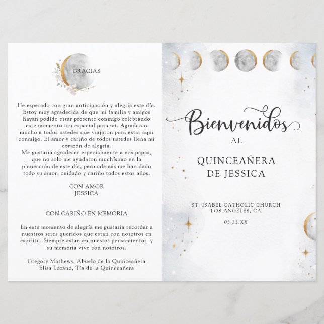 Spanish, Elegant Celestial Quinceañera Program (Front)