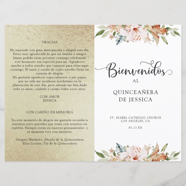 Spanish Elegant Champagne Gold Quinceañera Program (Front)