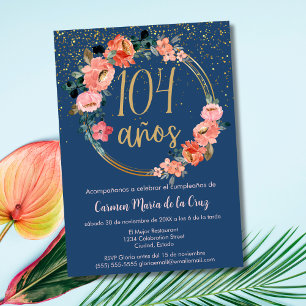 Spanish Elegant Chic Blue Pink 104th Birthday Invitation