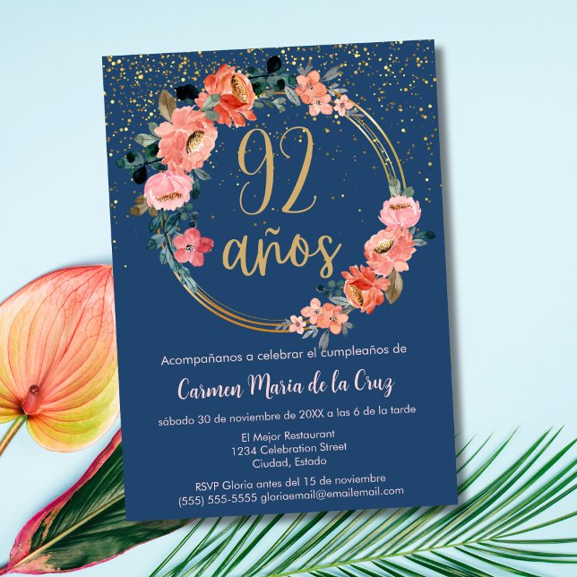 Spanish Elegant Chic Blue Pink 92nd Birthday Invitation (Creator Uploaded)