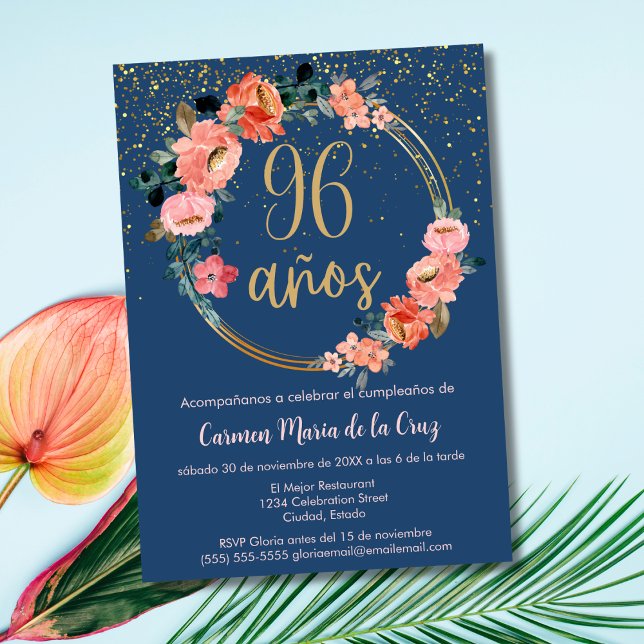 Spanish Elegant Chic Blue Pink 96th Birthday Invitation (Creator Uploaded)