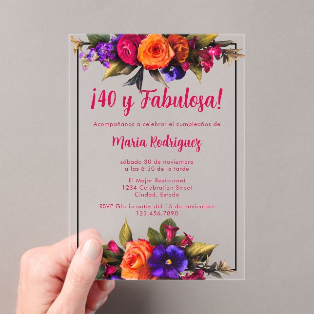 Spanish Elegant Chic Bright Florals 40th Birthday Acrylic Invitations (Insitu (Handheld))
