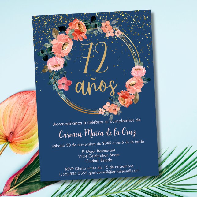 Spanish Elegant Chic Floral 72nd Birthday Party Invitation (Creator Uploaded)
