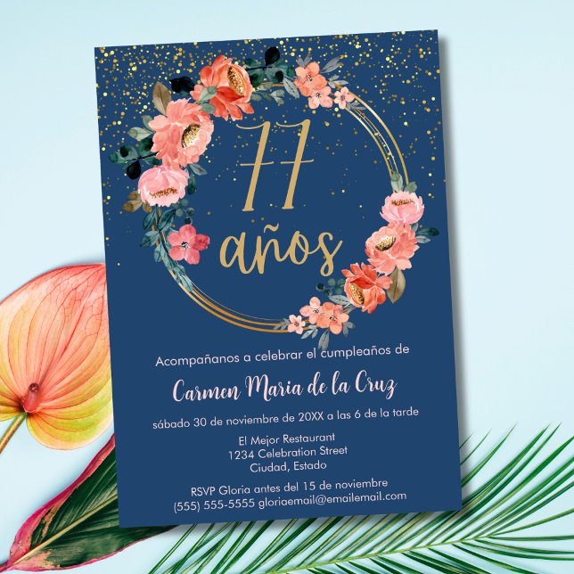 Spanish Elegant Chic Floral 77th Birthday Party Invitation (Creator Uploaded)