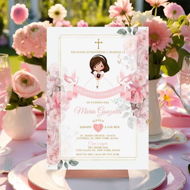 Spanish Elegant Cute Little Girl Primera Comunión Invitation (Creator Uploaded)