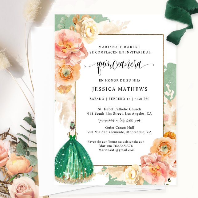 Spanish, Elegant Dark Green Floral Quinceañera Invitation (Creator Uploaded)