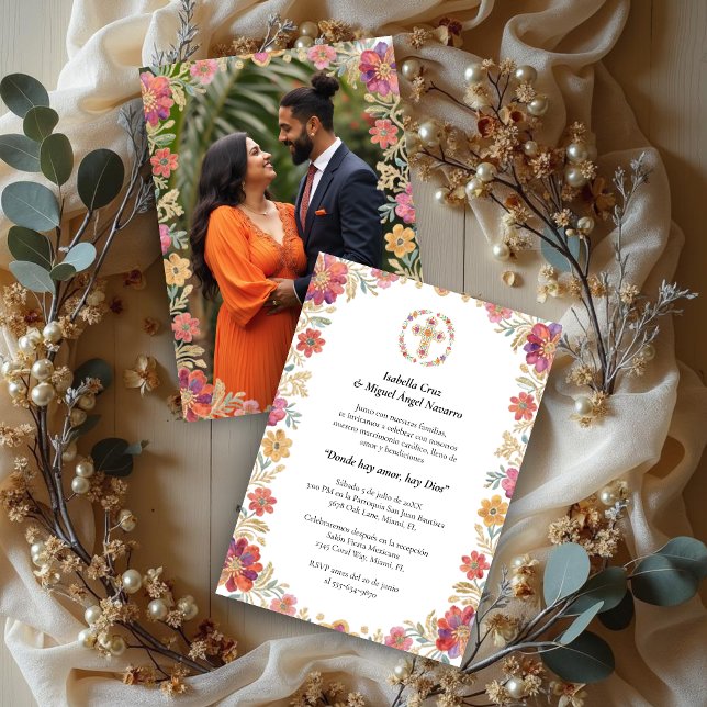 Spanish Elegant Floral Garland Traditional Mexican Invitation (Spanish Elegant Floral Garland Traditional Mexican Embroidery Inspired Wedding Invitation Cards.)