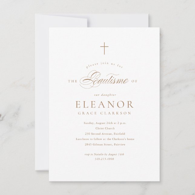 Spanish Elegant Gold Cross Calligraphy Baptism Invitation (Front)