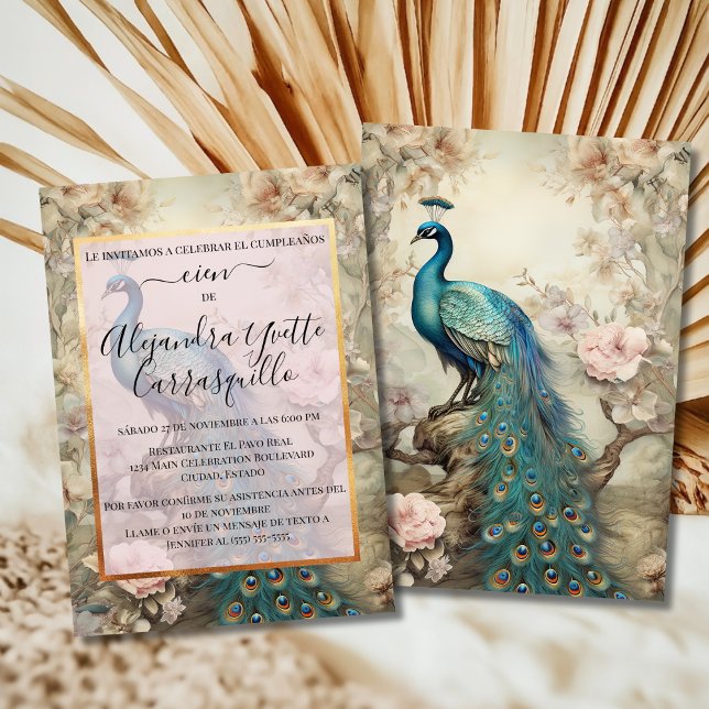 Spanish Elegant Golden Blue Peacock 100th Birthday Invitation (Creator Uploaded)
