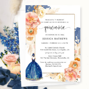 Spanish, Elegant Navy Blue Floral Quinceañera Invitation