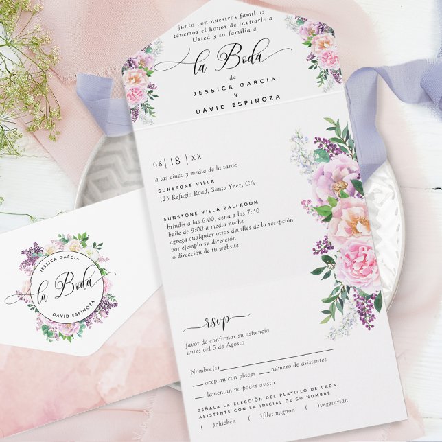Spanish Elegant Pastel Purple Wedding Tear RSVP All In One Invitation (Creator Uploaded)