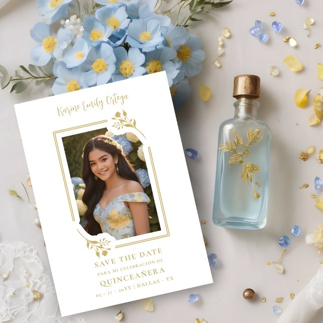 Spanish Elegant Photo Quinceañera in Yellow Floral Save The Date (Spanish Elegant Photo QuinceañeraFloral Frame in Faux Gold Save the Date Card.)