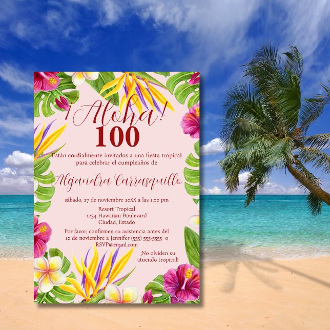 Spanish Elegant Pink Aloha Colourful 100th Birthda Invitation (Creator Uploaded)