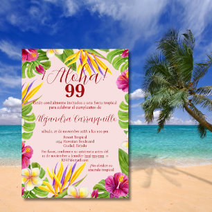 Spanish Elegant Pink Aloha Hawaiian 99th Birthday Invitation