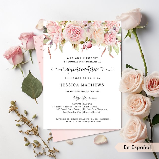 Spanish Elegant Pink, Blush, Rose Gold Quinceañera Invitation (Creator Uploaded)