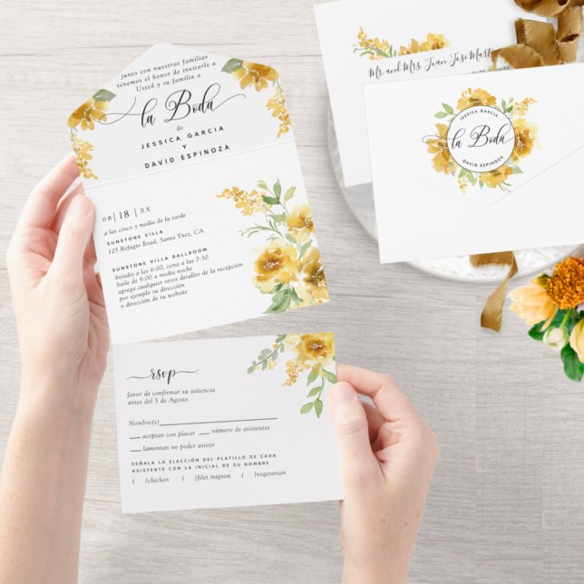 Spanish Elegant Yellow Floral Wedding Tear RSVP All In One Invitation (Creator Uploaded)
