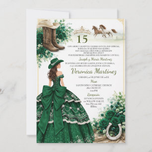 Spanish Emerald Green Floral Charro Girl 15 Años Invitation
