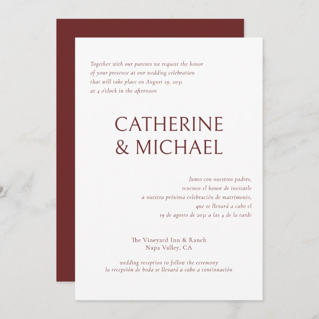 Spanish English Bilingual Elegant Classic Wedding Invitation (Front/Back)