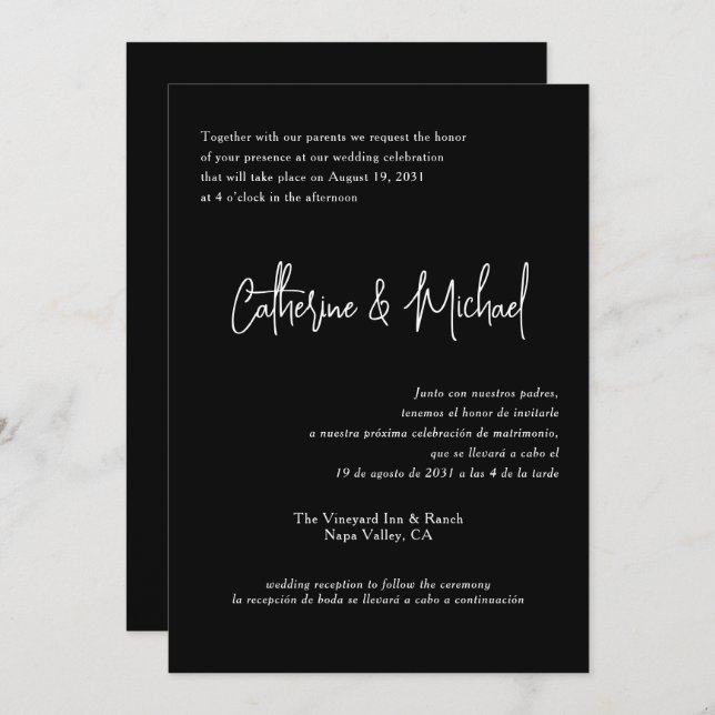 Spanish English Bilingual Elegant Classic Wedding Invitation (Front/Back)