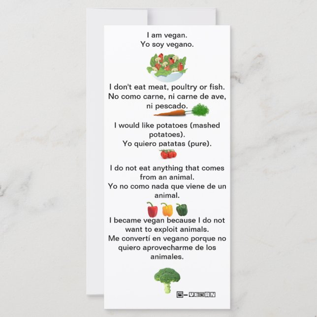 Spanish English PhrasesVegan Cheat sheet card (Front)