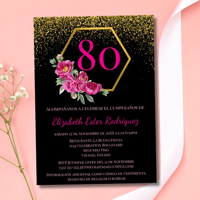 Spanish Exquisite Black Gold & Pink 80th Birthday Invitation (Creator Uploaded)