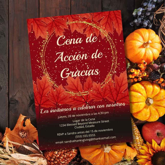 Spanish Fall Leaves Glitter Thanksgiving Dinner  Invitation (Creator Uploaded)