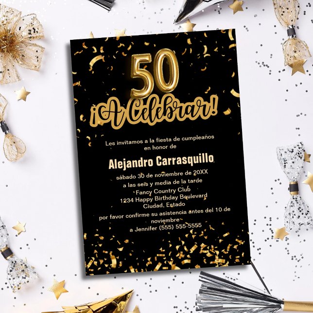 Spanish Fancy Black & Gold Confetti 50th Birthday Invitation (Creator Uploaded)