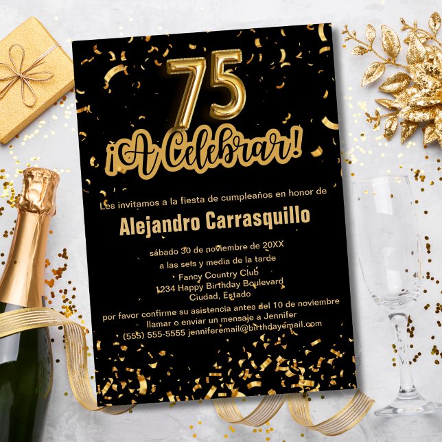 Spanish Fancy Black & Gold Confetti 75th Birthday Invitation (Creator Uploaded)