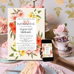Spanish Fancy Florals White Frame 80th Birthday Invitation