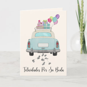 Spanish Felicidades Wedding Day Blue Retro Car Card