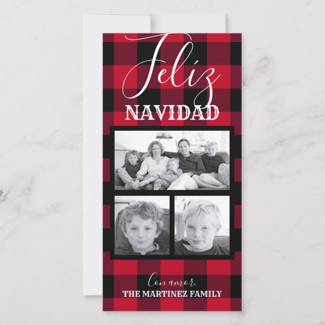 Spanish Feliz Navidad Red Buffalo Check Photos Holiday Card (Front)