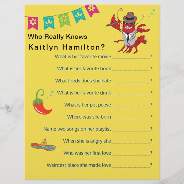 Spanish Fiesta Baby Shower Question Game  (Front)