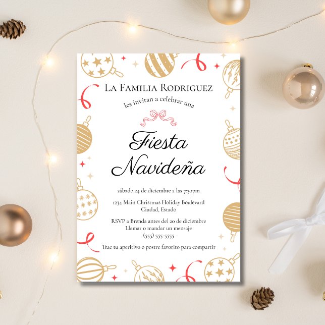 Spanish Fiesta Navideña Gold & Red Christmas Party Invitation (Creator Uploaded)