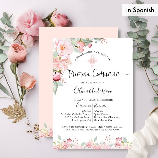 Spanish First Communion Peach and Mint Floral Invitation (Creator Uploaded)