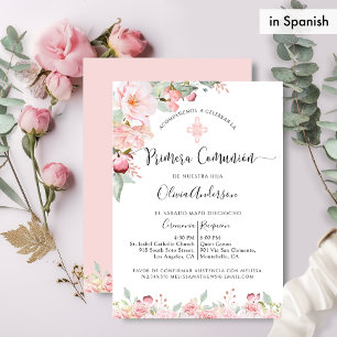 Spanish First Communion Pink and Mint Floral Invitation