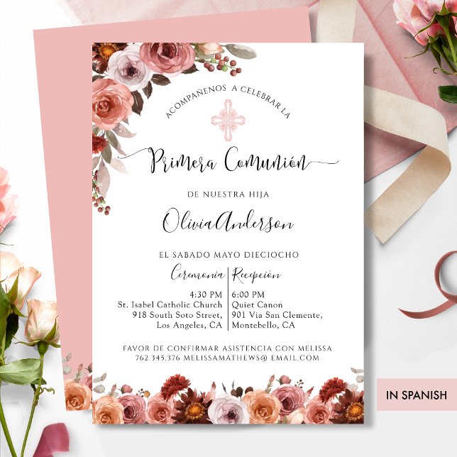 Spanish First Communion Pink Floral Invitation (Creator Uploaded)