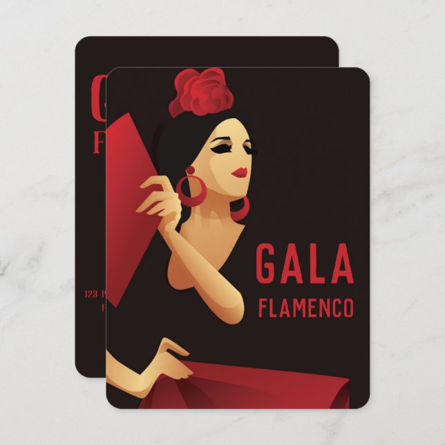 Spanish flamenco dancer with fan black and red invitation (Front/Back)