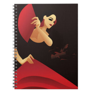 Spanish flamenco dancer with fan. black and red notebook