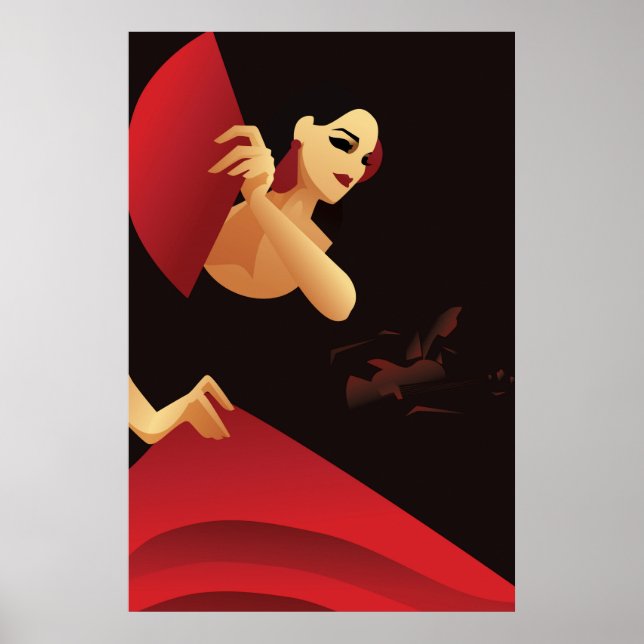 Spanish flamenco dancer with fan. black and red poster (Front)