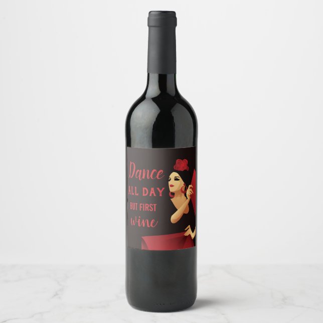 Spanish flamenco dancer with fan black and red wine label (Front)