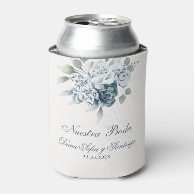 Spanish Floral Blue Wedding Can Cooler (Can Front)