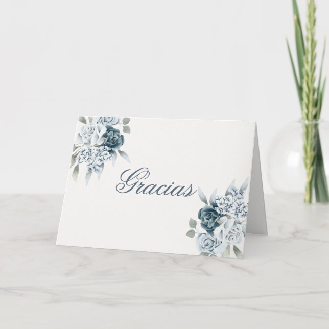 Spanish Floral Blue Wedding Thank You Card (Front)