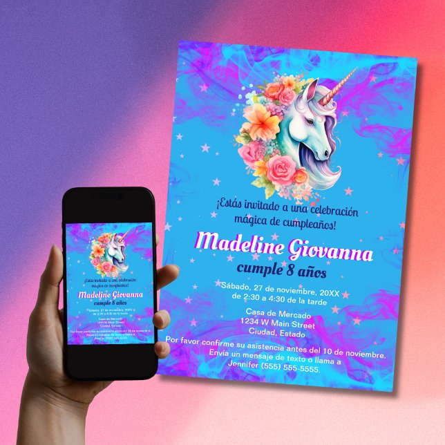 Spanish Floral Unicorn Birthday Party For Girls Invitation (Creator Uploaded)